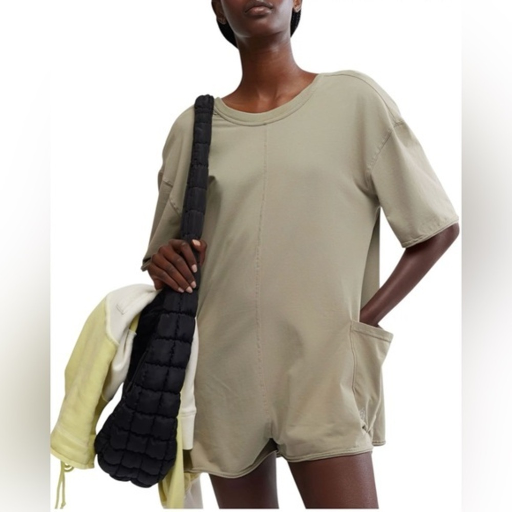 NWT Free People Movement M Hot Shot Tee Romper in Sage Stone Evergreen New
